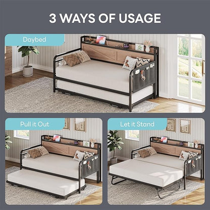 LIKIMIO Twin Daybed with Trundle Bed, Storage Headboard with Charging Station, Sofa Day Bed with Strong Supports for Living Room, Bedroom, and Guest Room, Wood Color