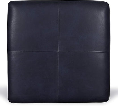 POLY & BARK Sequoia Ottoman – 35” Square Pouf with Feather-Down Topper – Full-Grain Leather Upholstered Pouf Ottoman for Living Room – Italian Leather in Midnight Blue