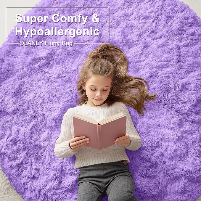 OLANLY Purple Round Rugs for Bedroom - Machine Washable, 6 ft Circle Area Rugs for Living Room, Soft and Fluffy Shaggy Carpet for Teen Girls and Boys, Nursery Rooms, Dorms, Home Decor Aesthetic