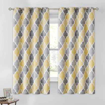 Beauoop 100% Blackout Curtains 63 Inches Long 2 Panels for Bedroom Living Room Yellow Grey Moroccan Geo Room Darkening Thermal Insulated Soundproof Grommet Top Window Treatments Drapes, 50x63 Set of 2