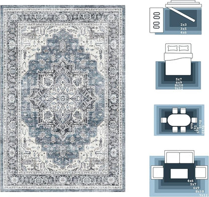 8x10 Area Rugs for Living Room Ultra-Soft Washable Rug Vintage Distressed Boho Area Rug, Non-Slip Low Pile Stain Resistant Carpet for Bedroom Dining Room Kitchen Office