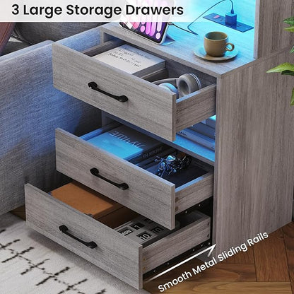 VIAGDO Tall Nightstand Set of 2 with Charging Station and LED Lights, Grey Night Stand Set 2 with Bookshelf, Modern LED Bedside Tables with 3 Drawers and Storage Shelves, Side Tables for Bedrooms