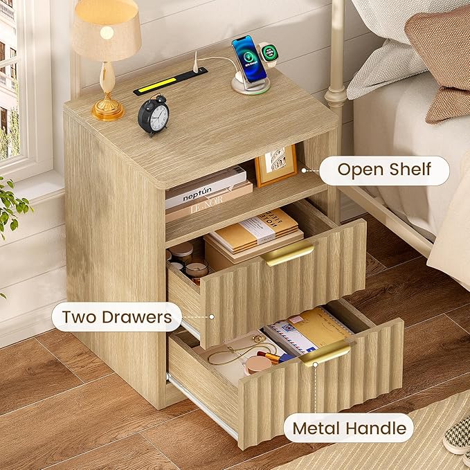 TEENFON Fluted Night Stand, Nighstand with Charging Station and LED Light, Modern Bed Side Table for Small Space, Storage Drawer and Open Shelf, for Bedroom, Natural