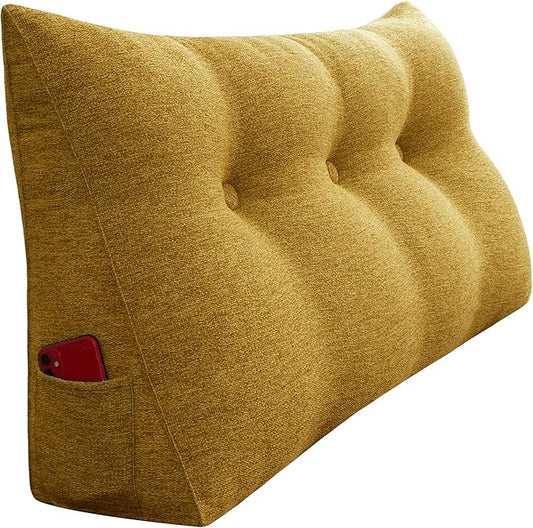 homecozy Wedge Headboard Pillow Dorm Room Reading Pillow Back Support for Sitting Up in Bed Bolster Lumbar Cushion Body Positioning Bedrest Cotton Linen 39in Yellow Twin