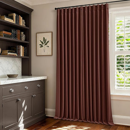 Chestnut Brown 100 Inch Floor Length Linen Blackout Curtains for Bedroom Pinch Pleated Black Out Thermal Insulated Window Drapes Light Blocking Double Layer Soundproof 100 Inch Curtain 2 Panels
