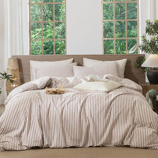 MooMee Striped Duvet Cover Set 100% Washed Cotton Linen Like Textured Breathable Durable Soft Comfy (Orange Classic Stripes, Twin 68"x90")