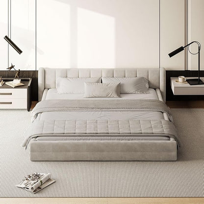DEINPPA King Size Bed Frame with Cloud Soft Headboard, Chenille Upholstered Grounded Wood Base Bed Frame, No Box Spring Needed-Beige