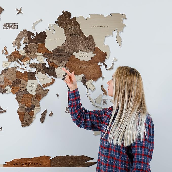 Handmade 3D Wood World Map Wall Art Large Wall Decor Track Your World Travels - Special for Home, Kitchen and Office (Medium, Multicolor)