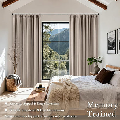 Extra Wide 70 Inch Burlywood Birch Blackout Bedroom Curtains 96 Inches Long Memory Trained Pinch Pleated Room Darkening Thermal Linen Textured Two Layer Drapes for Living Room Sliding Patio Door