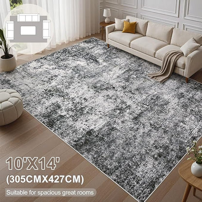 Area Rug Living Room Rugs - 10x14 Abstract Large Soft Indoor Washable Rug Neutral Modern Low Pile Carpet for Bedroom Dining Room Farmhouse Home Office - Grey