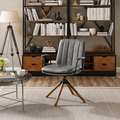 Art Leon Desk Chair No Wheels, Set of 2, Mid Century Modern Swivel Chair with Oak Wood Legs, Faux Leather Home Office Desk Chairs for Bedroom Living Room, Gray