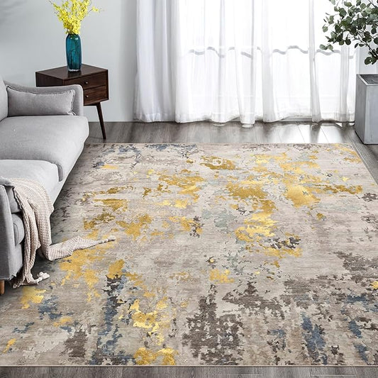 vivorug 5x7 Area Rugs - Ultra-Thin Washable Rug with Non-Slip Backing, Ideal for Living Room, Bedroom, Kitchen Floor Carpet - Modern Abstract, Easy Clean, Durable, Low Pile Grey/Mustard