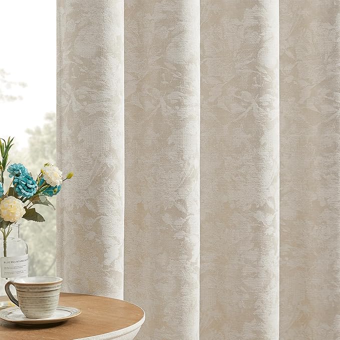 Beauoop Beige Floral Jacquard Blackout Curtains 72 Inches Long 2 Panels for Bedroom Living Room Chenille Flower Room Darkening Thermal Insulated Soundproof Rod Pocket Back Tab Window Drapes 52x72