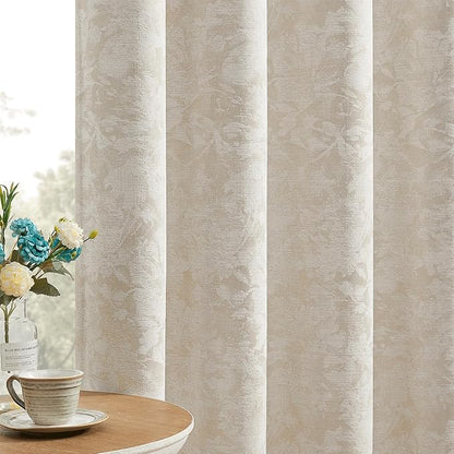 Beauoop Beige Floral Jacquard Blackout Curtains 72 Inches Long 2 Panels for Bedroom Living Room Chenille Flower Room Darkening Thermal Insulated Soundproof Rod Pocket Back Tab Window Drapes 52x72