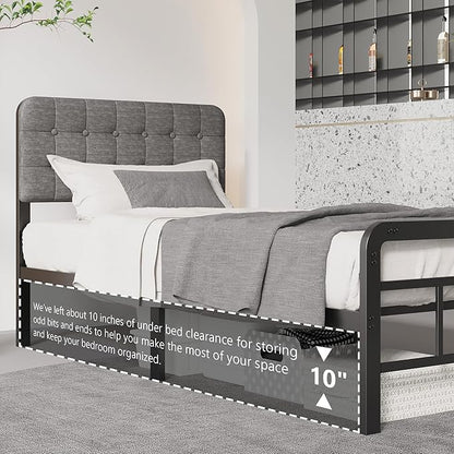 12 Inch Twin Bed Frames with Upholstered Headboard and Metal Footboard, No Box Spring Needed, Heavy Duty Twin Metal Mattress Foundation, Noise Free, Easy Assembly