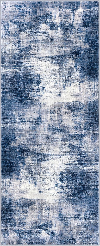 IOHOUZE Abstract Runner Rug 2x5 Ft Washable Runners for Hallways, Non Slip Kitchen Runner Printed Faux Wool Entryway Runner Indoor, Modern Abstract Floor Carpet for Hall Kitchen Bedroom, Navy/Grey