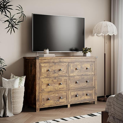 Dresser for Bedroom with 6 Drawers, Farmhouse Wood Chest of Drawers, Wide TV Stand Closet Storage Furniture with Metal Handle, Modern Clothes Organizer for Hallway, Living Room, Entryway, Brown