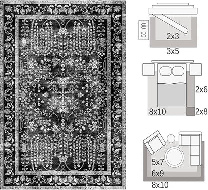 Area Rugs 6x9, Machine Washable Rugs 6x9 Black Large Rug Indoor Floor Non Silp Carpet Distressed Vintage Rug for Bedroom Dining Room Home Office | Black
