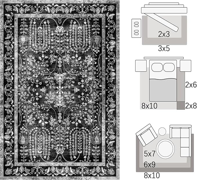 Area Rugs 5x7, Machine Washable Vintage Black Rugs for Living Room Large Carpets Indoor Floor Non Slip Distressed Rug Soft Area Rug for Bedroom Dining Room Home Office | Black