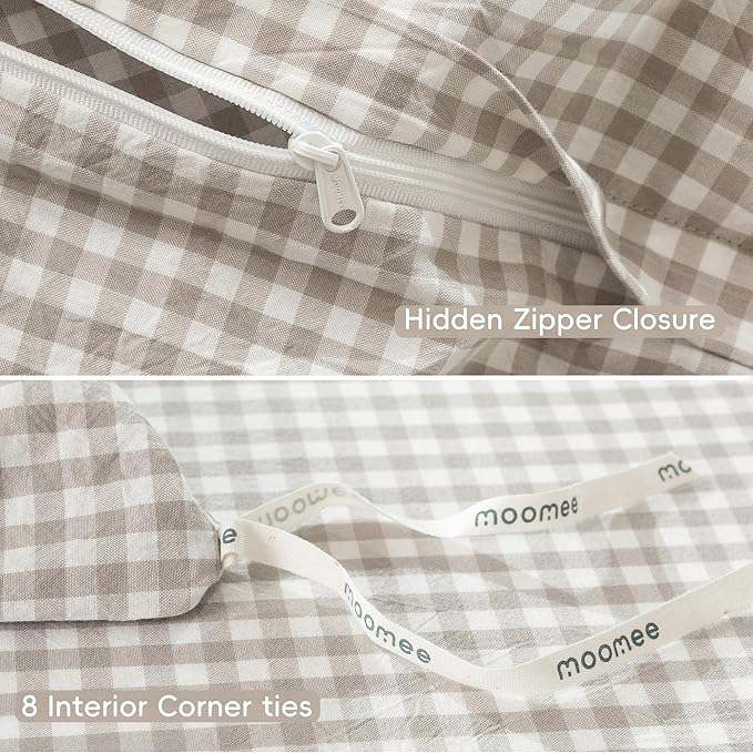 MooMee Gingham Duvet Cover Set 100% Washed Cotton Linen Like Textured Breathable Durable Soft Comfy Modern Checkered Design (Mini Gingham Tannish Linen Grey, Cal King 104"x98")