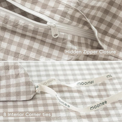 MooMee Gingham Duvet Cover Set 100% Washed Cotton Linen Like Textured Breathable Durable Soft Comfy Modern Checkered Design (Mini Gingham Tannish Linen Grey, Queen 90"x90")