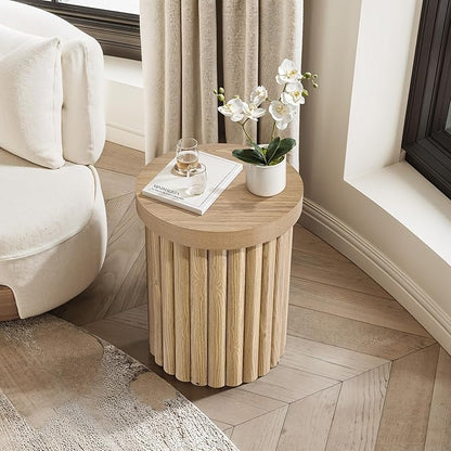 LuxenHome Round Side Table, 19" H Fluted Side Table for Small Spaces, Mid Century Modern Small End Table, Wooden Accent Tables, Couch Side Tables, Round Nightstand for Living Room, Bedroom
