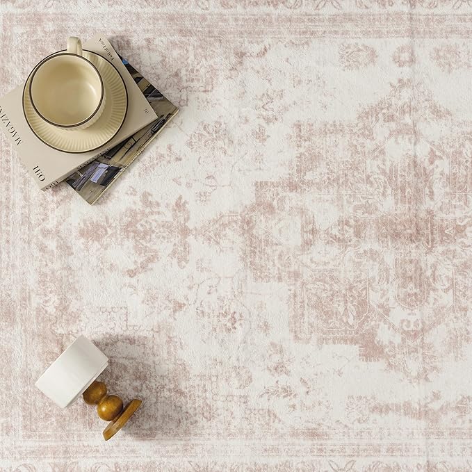 Washable Rug 8x10 Area Rug for Living Room Pink Vintage Boho Medallion Large Distressed Retro Carpet Non Slip Indoor Low Pile Small Soft Bedroom Dining Room Home Office