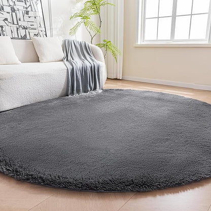 Amazon Basics Fluffy Washable Round Area Rug, Circle Shaggy Carpet for Living Room, Bedroom, Nursery, 7'R, Dark Gray