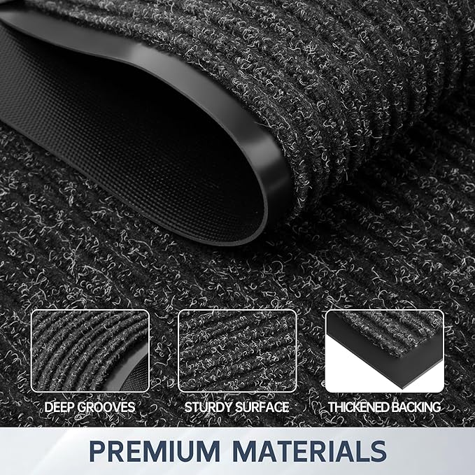 Front Door Mat, 48" x 24" Heavy Duty Indoor Outdoor Doormat, Non-Slip Welcome Mats for Entryway, Rubber Backing Low Profile Commercial Door Mats, Black Stripe