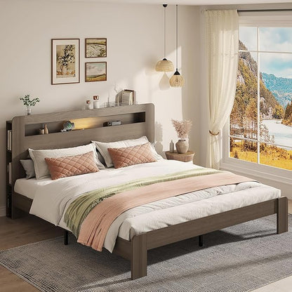 Wooden Bed Frame King Size with Storage Headboard - Farmhouse Platform Bed Frame with Bookcase Shelf & Led Lights, Sturdy Wood Slat Framework Bed Frame (Light Brown LED)