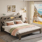 Wooden Bed Frame King Size with Storage Headboard - Farmhouse Platform Bed Frame with Bookcase Shelf & Led Lights, Sturdy Wood Slat Framework Bed Frame (Light Brown LED)