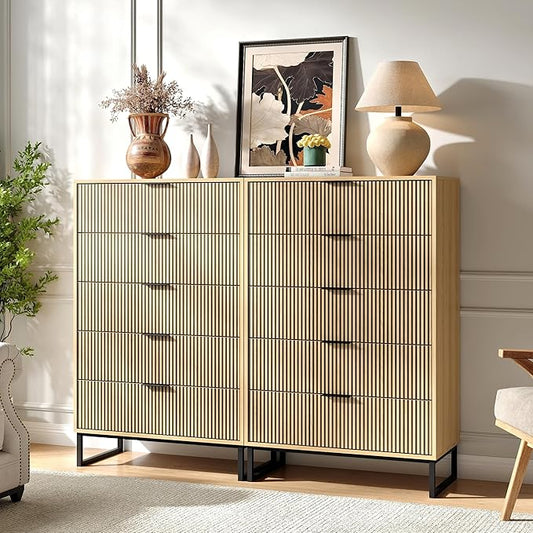 5 Drawers Dresser Set of 2, 49.2’’ Tall Modern Chest of Drawers for Bedroom, Large Closet Dressers with Drawers, Wooden Drawer Dresser for Bedroom, Living Room, Hallway