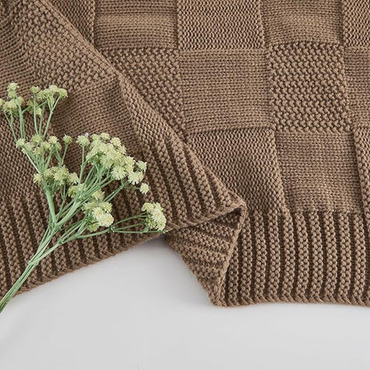 CozeCube Check Knit Throw Blanket, Light Brown Checkered Throw for Couch, Decorative Christmas Soft Cozy Warm Knitted Blanket for Bed Sofa Living Room, 50"X60"