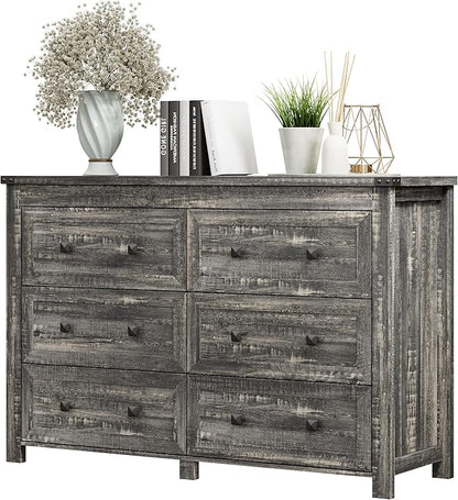 6 Drawer Dresser for Bedroom, Farmhouse Wood Chest of Drawers, Wide TV Stand Closet Storage Furniture with Metal Handle, Modern Clothes Organizer for Hallway, Living Room, Entryway, Grey