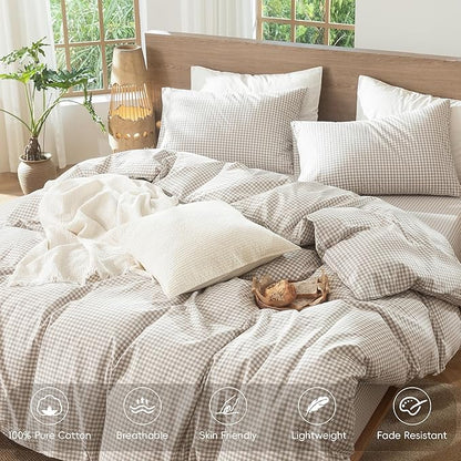 MooMee Gingham Duvet Cover Set 100% Washed Cotton Linen Like Textured Breathable Durable Soft Comfy Modern Checkered Design (Mini Gingham Tannish Linen Grey, Twin 68"x90")