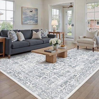 Navy Blue Area Rug 5x7 Machine Washable Vintage Living Room Distressed Non Slip Carpet Traditional Indoor Bedroom Retro Floral Accent Throw Large Rug for Office Kitchen Bathroom Dining Room