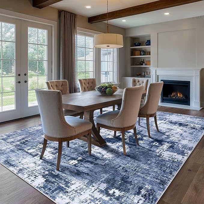Area Rug Living Room Rugs - 7x9 Washable Large Soft Indoor Neutral Modern Abstract Low Pile Rug Carpet for Bedroom Dining Room Farmhouse Home Office - Navy Blue
