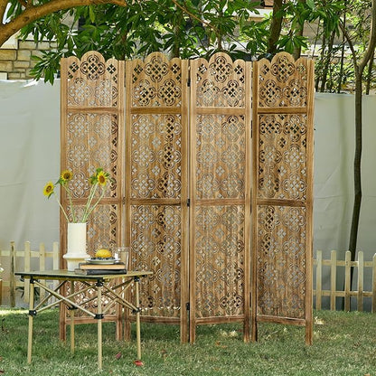 68.9Inch Folding Room Divider, 4 Panels Wood Carved Privacy Screens - Ideal Decorative Partition for Home, Office, Restaurant, Bedroom (Dark Brown)