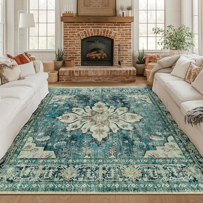 Area Rugs Square 8ft Washable Non-Slip, Floral Vintage Distress Print Pattern Medallion Carpet for Living Room Bedroom Dining Room, Dark Blue Vintage
