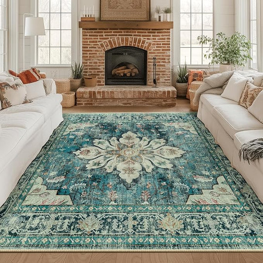 Area Rugs Square 8ft Washable Non-Slip, Floral Vintage Distress Print Pattern Medallion Carpet for Living Room Bedroom Dining Room, Dark Blue Vintage