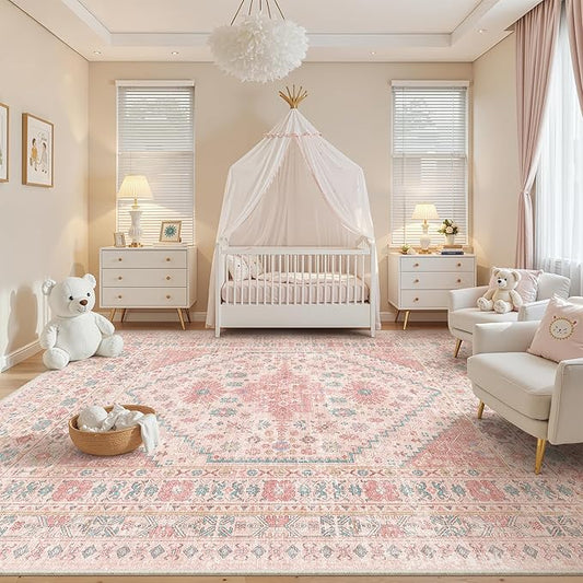 zesthome 10x12 Area Rugs for Girls Bedroom, Low Pile Machine Washable Rugs, Vintage Large Pink Rugs, Stain Resistant Nursery Room Rug, Baby Crawling Rug (Pink/Blue,10'x12')