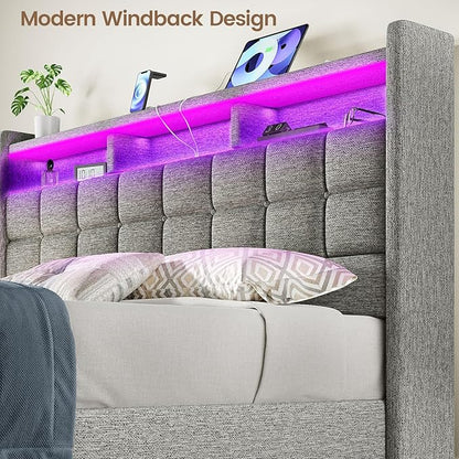 Lift Up King Size Bed Frame with Storage, Upholstered King Bed Frame with Charging Station and LED Lights Headboard, No Box Spring Needed, Easy Assembly - Light Grey