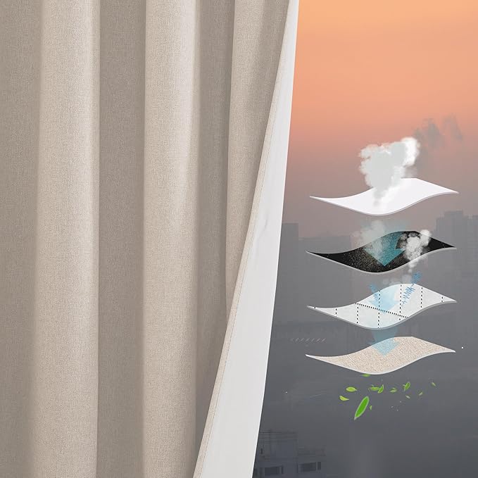 RYB HOME 4 in 1 Set Dust Filter - Soundproof - Blackout - Insulating, Energy Efficiency Linen Curtains for Kids Bedroom Living Room Divider Apartment Hotel Office Theatre, Taupe, W 52 x L 95, 2 Pcs
