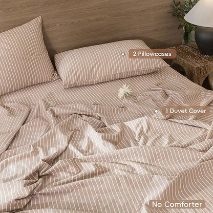 MooMee Striped Duvet Cover Set 100% Washed Cotton Linen Like Textured Breathable Durable Soft Comfy (Orange White Wide Stripes, Palatial King/Oversized King 120"x98")