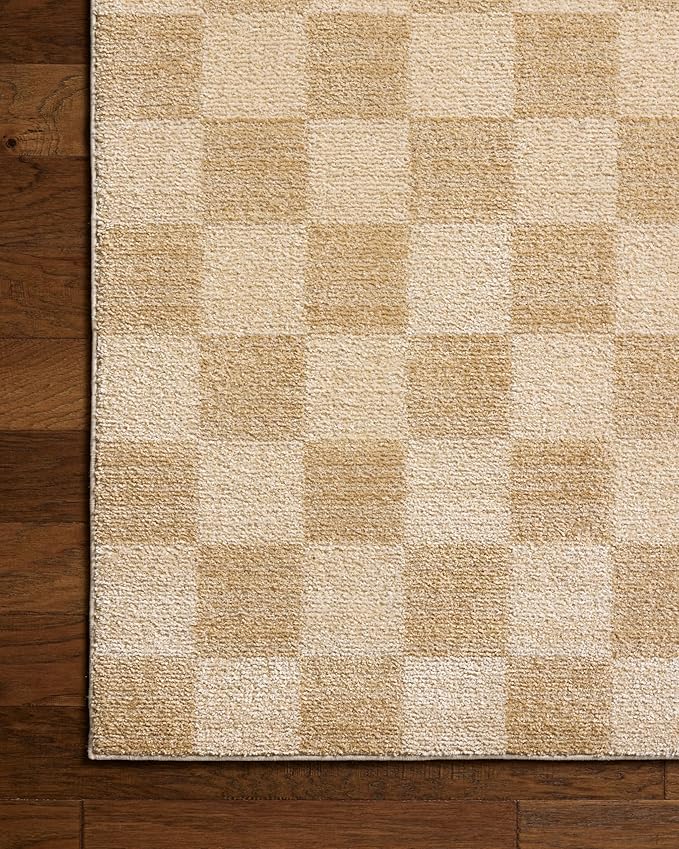 Loloi Chris Loves Julia Calvin Collection CLV-01 Wheat/Ivory 7'-10" x 7'-10" Round Area Rug Checkered Neutral Soft Living Room Bedroom Carpet