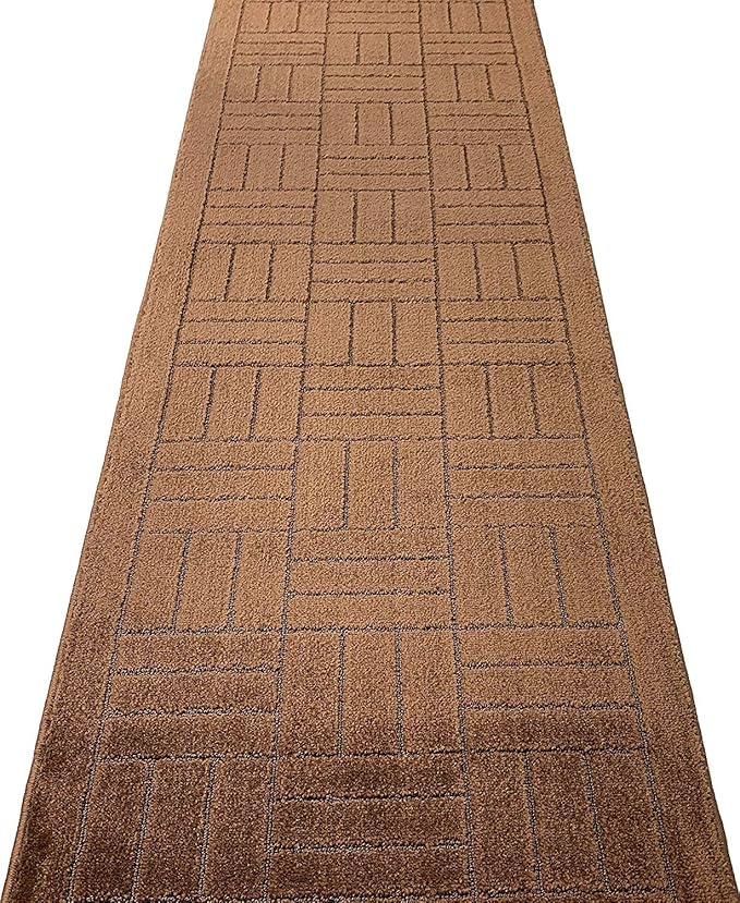 8 FT Long Non-Slip Washable Carpet Runner Rug with Rubber Backing, Custom Floor Mat for Kitchen Hallway Stairs Bedroom Bathroom Entry, Bricks - Boxed Brown, Your Choice of Length, (26" X 8')
