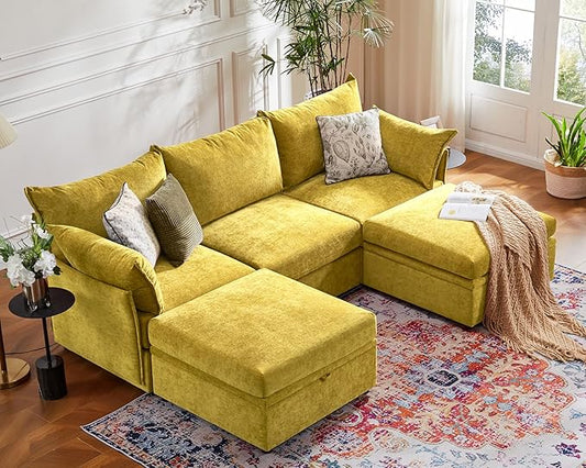 ABCASA 102.6" U Shaped Modular Sectional Sofa, 5 Seater Couch with Storage Ottoman Deep Seat and High Backrest with Removable Cover for Living Room, Apartment - Chenille Yellow