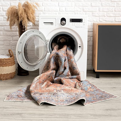 Bloom Rugs Washable 3' x 5' Rug - Terracotta/Blue Traditional Area Rug for Living Room, Bedroom, Dining Room, and Kitchen - Exact Size: 3' x 5'