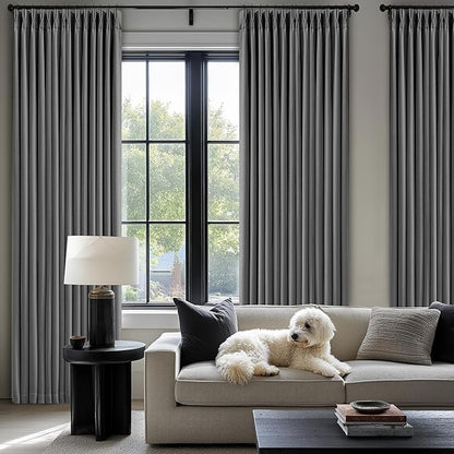Charcoal Grey 120 Inch Blackout Pinch Pleated Curtains 2 Panel Set for Living Room Darkening Thick Linen Textured 100% Black Out Drapes 120 Inches Long Pinch Pleat Light Blocking Bedroom Dark Gray