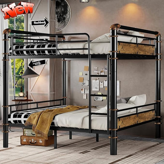 Upgraded Version Thickened Metal Heavy-Duty Queen Over Queen Bunk Bed, Best Convertible Industrial Queen Size Bunk Bed Frame with Ladder for Adults, Easy Assembly (Queen+Water Pipe)